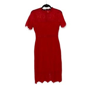 Lulus Red Lace Mock Neck Midi Short Sleeve Party Dress Small